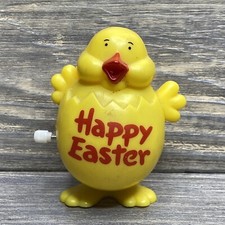 Vintage Plastic Yellow Happy Easter Chicken Egg Wind-Up Toy 3"