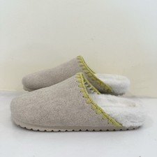 Anthropologie Light Beige Lime Green Whipstitch Faux Fur Mule Slippers Size 6