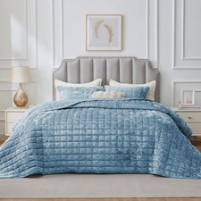 Velvet Quilt Set Queen Size - Lightweight Full/Queen 88"x92" Dusty Blue