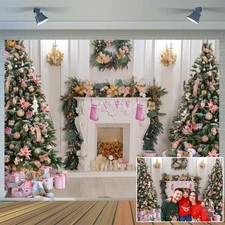 Christmas Fireplace Backdrop 8x6FT White Wood Floor Background for Family Party