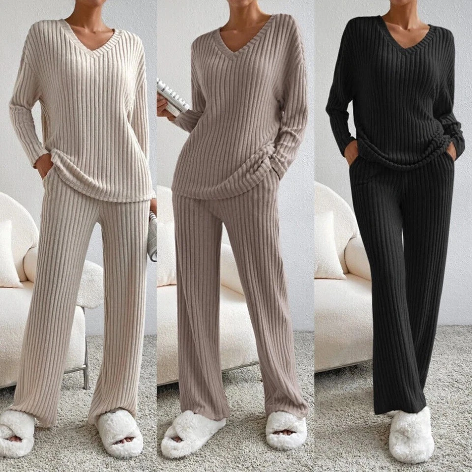 2PCs Ladies Lounge Wear Tracksuit Ribbed Knit Loose V Neck Tops Pants Casual Set - Image 2 of 4