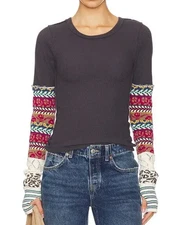 NEW FREE PEOPLE WE THE FREE BLACK COMBO ALL IN CUFF TEE THERMAL TOP SHIRT XL