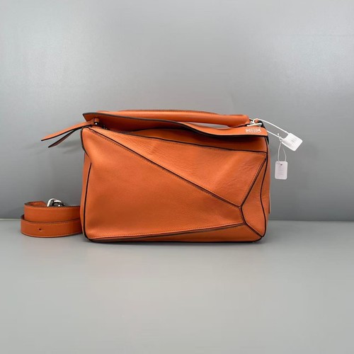 Loewe Puzzle Medium Bag Orange Calfskin Leather Top Handle Crossbody Authentic-