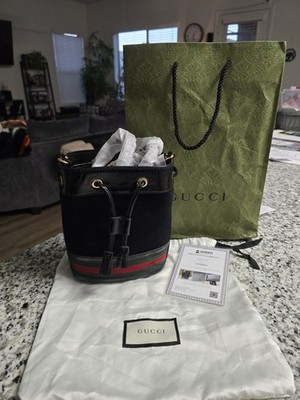 Gucci Black cherry Striped Bucket Bag Drawstring long strap w/cert, dust bag
