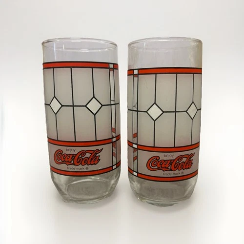 1985 Vintage Coca-Cola Drinking Glasses Set Of 2 Enjoy Coke Art Deco Tumblers