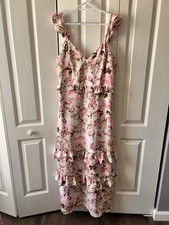 Express Women’s Large Tiered V-Neck Pink Floral Flutter Sleeves Maxi Dress