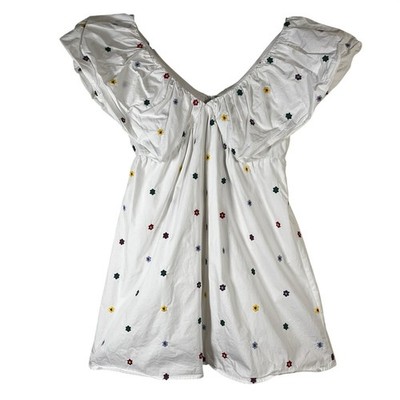 Day + Moon Women's White Floral Embroidered Puff Sleeve Mini Dress Sz S Ditzy