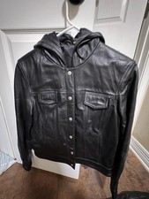 Vintage 1990s Kids Leather Jacket With Hoodie Size M Copper Key Brand Black