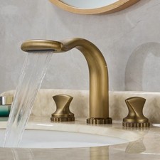 Luxury Antiuqe Basin Waterfall Faucet Widespread Sink Tap Dual Handles Brass