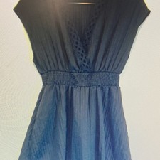 Women’s Blue V-Neck Short Sleeve Lace Smocked Stretch Long Maxi Dress L