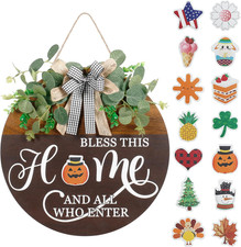 Interchangeable Seasonal Welcome Sign for Front Door, Rustic round Wood Wreath W