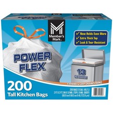 Member's Mark Tall Kitchen Simple Fit Drawstring 13 Gallon Bags 200Pcs