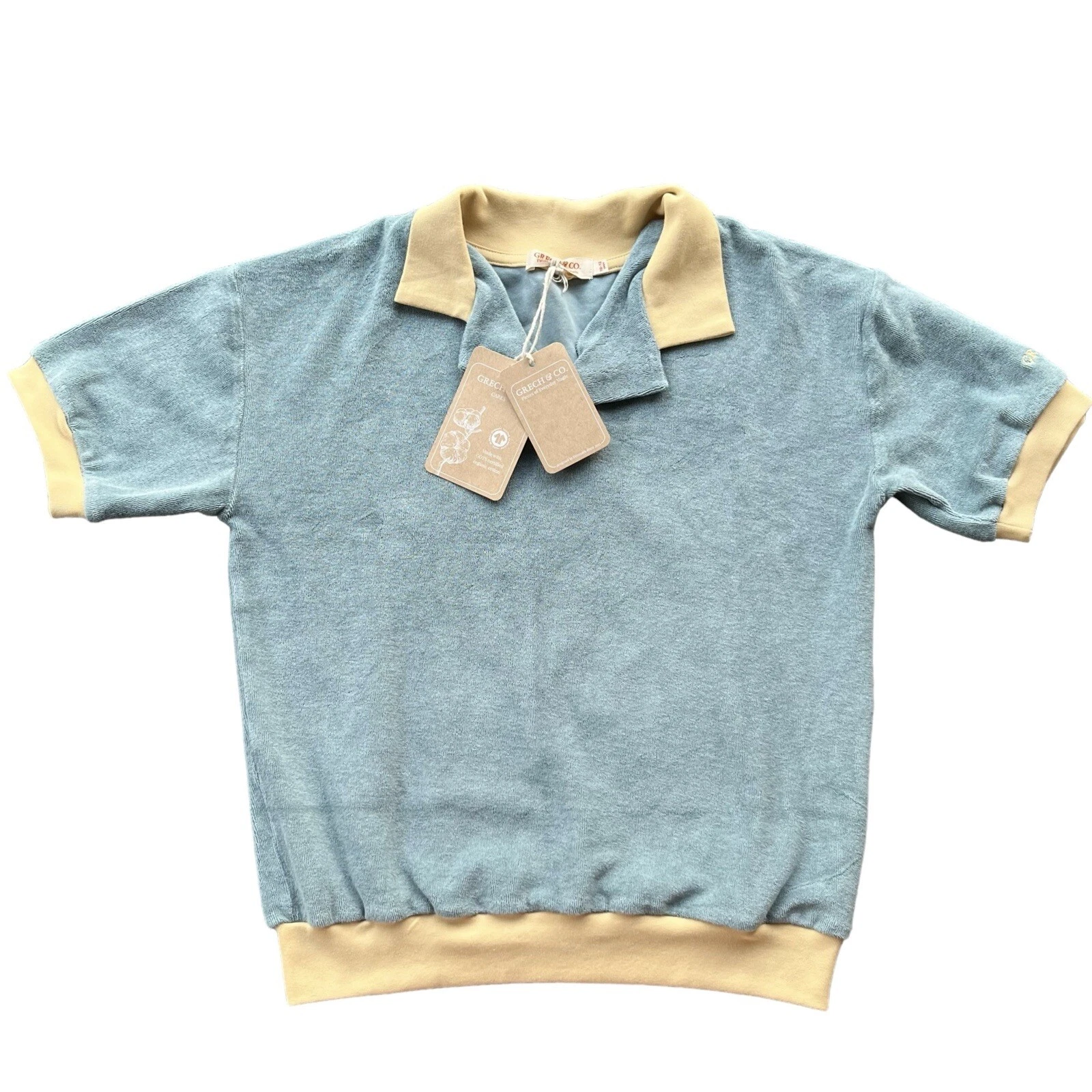 Grech & Co Kids Retro Collard Shirt Sz 10-12 Years Sky Blue Organic Cotton Terry
