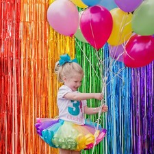 2 Pack Rainbow Fringe Curtain Party Foil Fringe Backdrop Curtains for Birthday