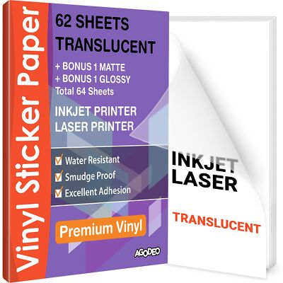 Translucent Clear Sticker Paper for Inkjet Printer & Laser Printer 62 Sheets ...