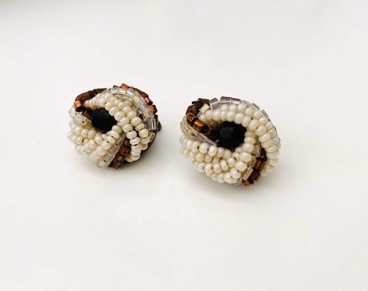 Boucles D'oreilles Clips Vintage Années 60 - Perles En Cristal Multicolore