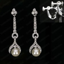 CLIP ON 6cm long CRYSTAL silver rhinestone PEARL DROP EARRINGS antique style