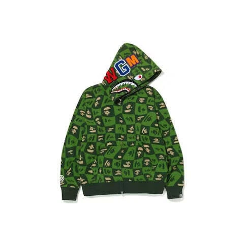 A BATHING APE (BAPE) Felpa con cappuccio e zip intera BAPE Distortion Shark vestibilità rilassata verde