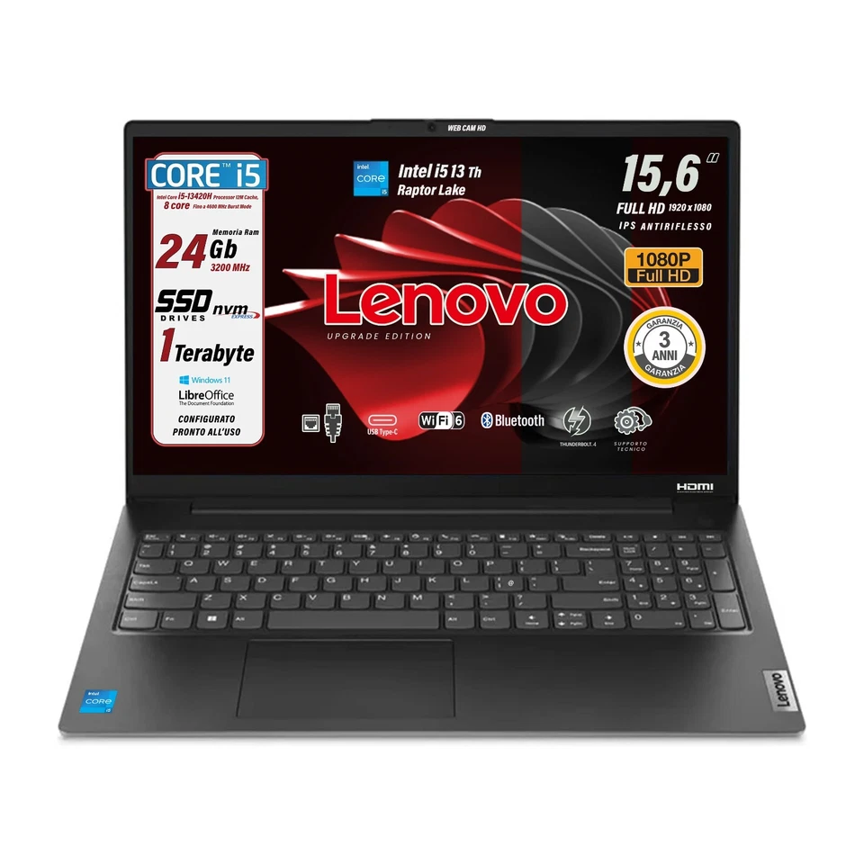 Notebook Lenovo Intel i5 13th RAM 24 GB SSD 1 TB FHD 15,6" Win 11 3 ANNI G. - Immagine 2 di 4