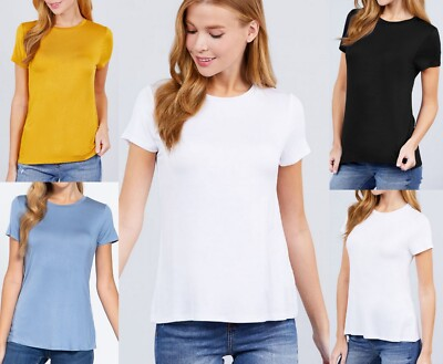 #ad Women#x27;s Round Crew Neck Short Sleeve Soft Rayon Top Relaxed Fit Basic T Shirt $5.99