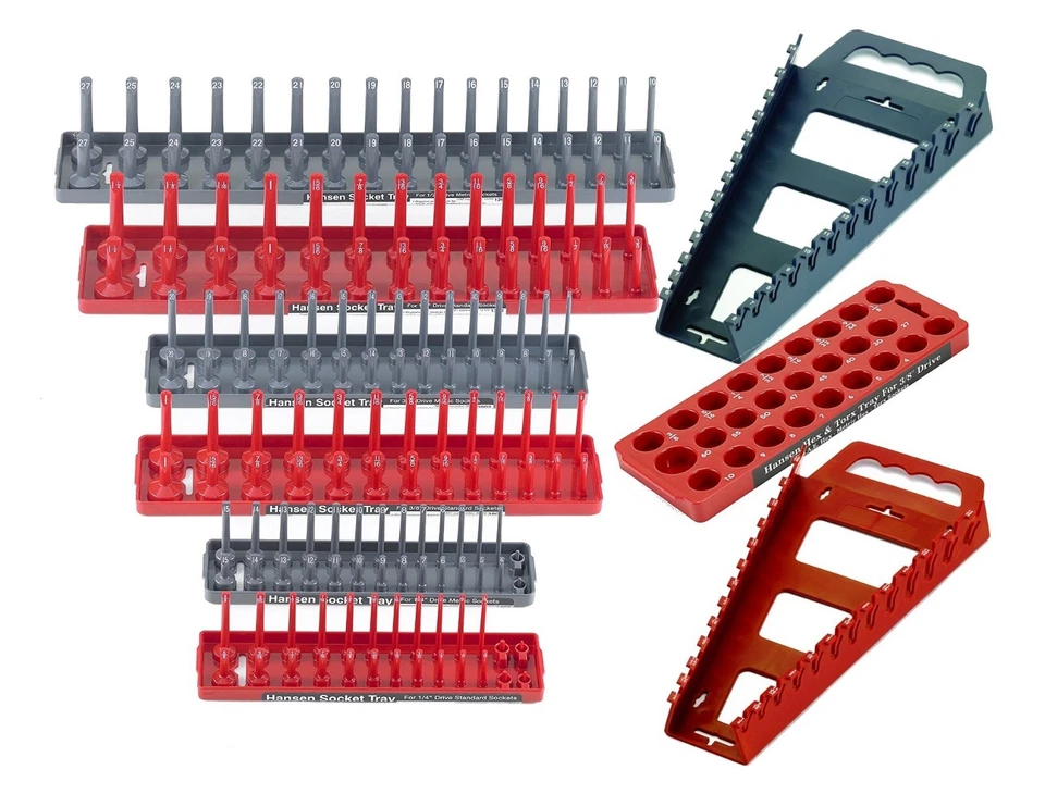 Hansen 9 piezas 1/4 3/8 1/2 SAE Juego de bandejas de enchufe métrico organizador con porta llaves EE. UU. Foto 3 de 4