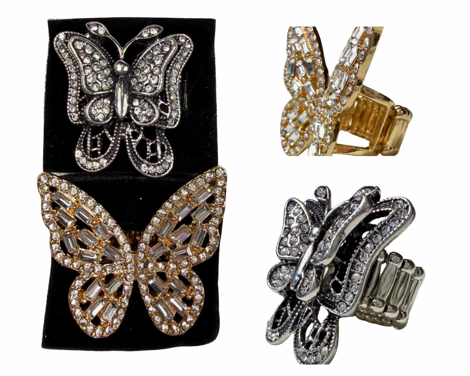 Paparazzi Butterfly Stretch Ring Lot Of 2 Rhinestone Gold Silver Free To Fly