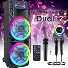 Dual 12" Bluetooth PA Speaker Karaoke Portable Heavy Bass Sound System With Mic
