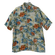 Pierre Cardin Shirt Mens Large Blue Floral Hawaiian Short Sleeve Button Up Aloha