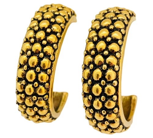 Vintage LIZ CLAIBORNE signed gold Etruscan hoop designer runway pierced earrings