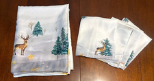NEW 60 X 86" CHRISTMAS/WINTER WHITE TABLECLOTH 4 NAPKINS-DEER/TREES/SNOWFLAKES