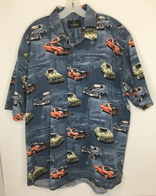 Mens Classic Muscle Cars Graphics Shirt SS Button Up Sz 2XL 100% Cotton