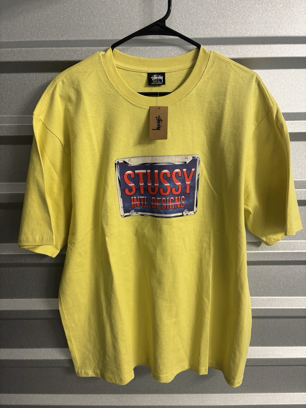 Stussy Yellow License Plates Graphic Tee Large NWT 1904776