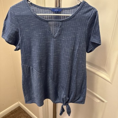 Apt 9 Blue Women s Top Size M Short Sleeved with Tie Front, Key Hole Neck Line