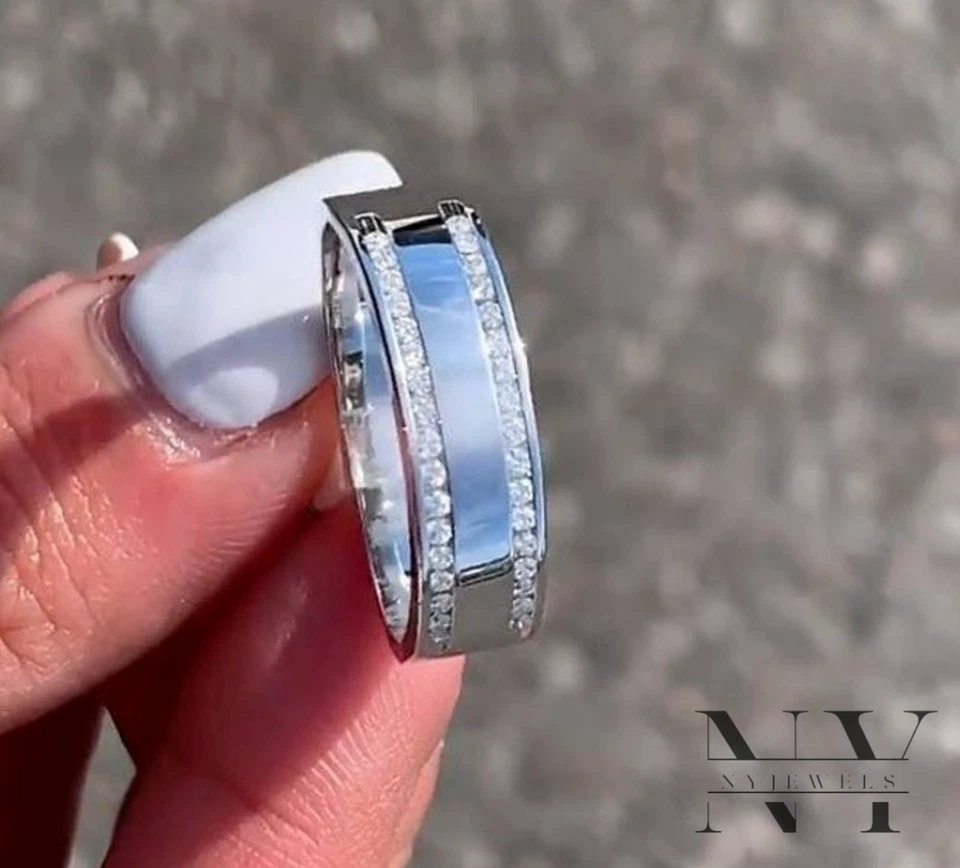 Moissanite Men's Wedding Band Solid 14K White Gold 0.60 Carat Round Cut VVS1 - Image 2 of 4