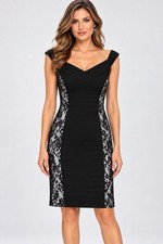 Guess Black & White Lace Panel V-Neck Cap Sleeve Sheath Cocktail Dress Size 4