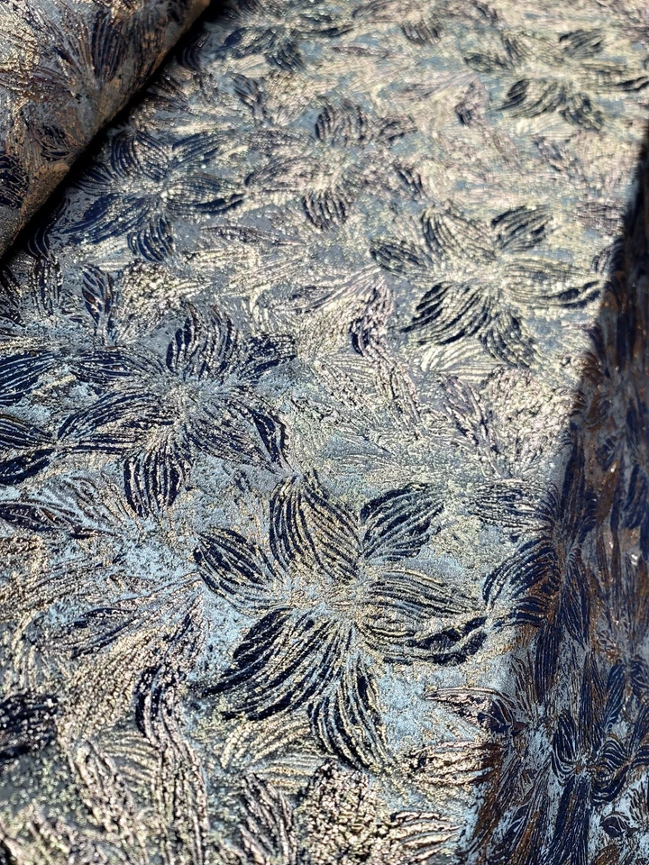 Midnight Blue Gold Floral Jacquard Brocade Fabric Sold By The Yard For Dress Pro - Image 2 of 4
