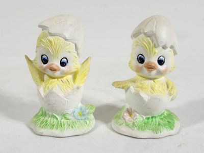 Vintage Set  2 Chicks Figurines Chickens Hatching Hand Painted Eggshells