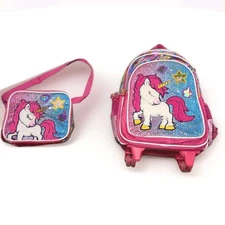 Jasminestar Pull Trolley Rolling Backpack 17” Girls Pink Unicorn Lunchbox School
