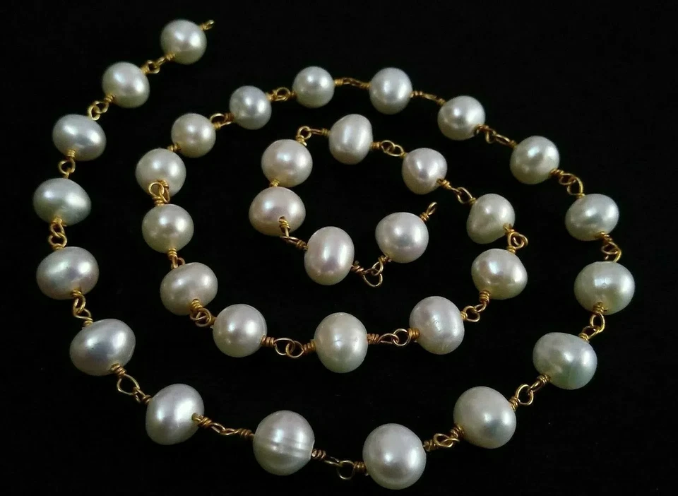 Perla de agua dulce 5-6 mm cuentas rosario cadena con cuentas alambre chapado en oro de 24 k 3 pies Foto 4 de 4