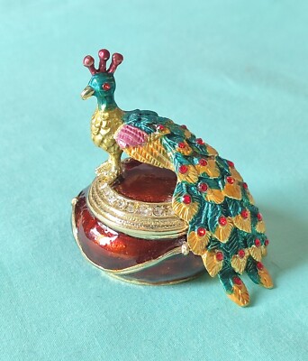 Jere Enamel Jeweled Peacock Trinket Vanity Box Bock Of Sink Ring Saver
