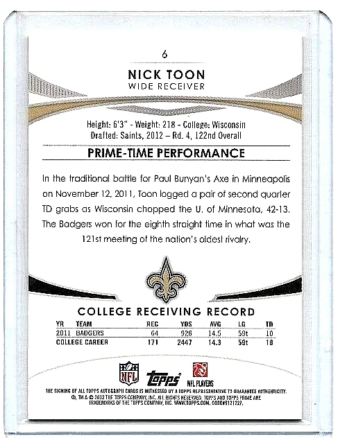 2012 Topps Prime Gold Rookie Auto /75 Nick Toon #6 Rookie Auto RC Mint Condition - Image 2 of 2