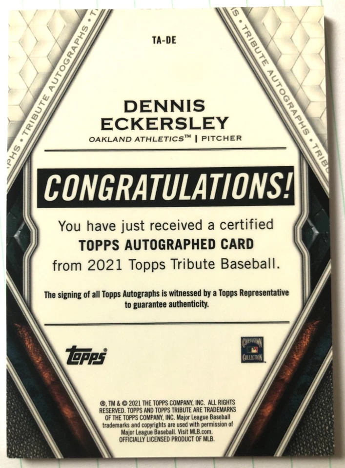 2021 Topps Tribute On-Card Auto /199 DENNIS ECKERSLEY #TA-DE HOF Oakland A's - Image 2 of 3