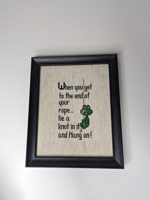 Vintage Frog Cross Stitch Needlepoint Framed  when Your At End Of Rope 