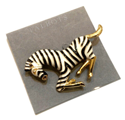 NWT TALBOTS GOLD TONE BLACK WHITE ENAMEL ZEBRA Animal PIN BROOCH