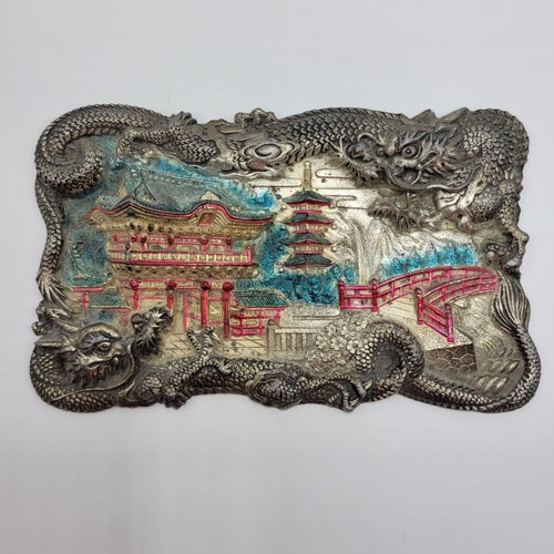 Targa rettangolare metallo scenico drago giapponese asiatico vintage ponte pagoda