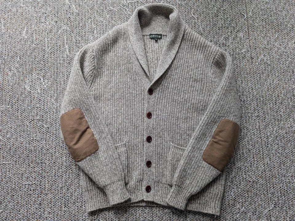 vintage ORVIS chunky knit WOOL cardigan sweater L tan/gray SHAWL leather patch - Image 2 of 4