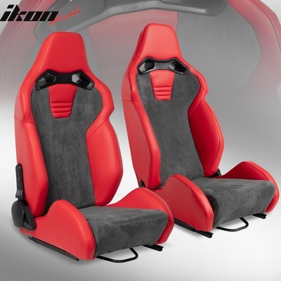 Universal 2x Reclinable Racing Seats Dual Slider PU Leather & Suede Red Grey