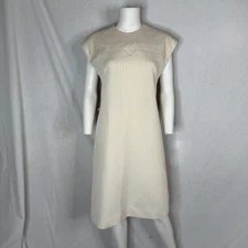 60s 70s Nelly Don tag 14 beige & white striped seersucker wiggle fit dress vtg