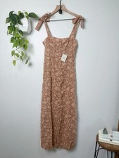 Faherty Kendall Dress Bronze Riviera Floral S 100% Linen Maxi Tie Strap Boho