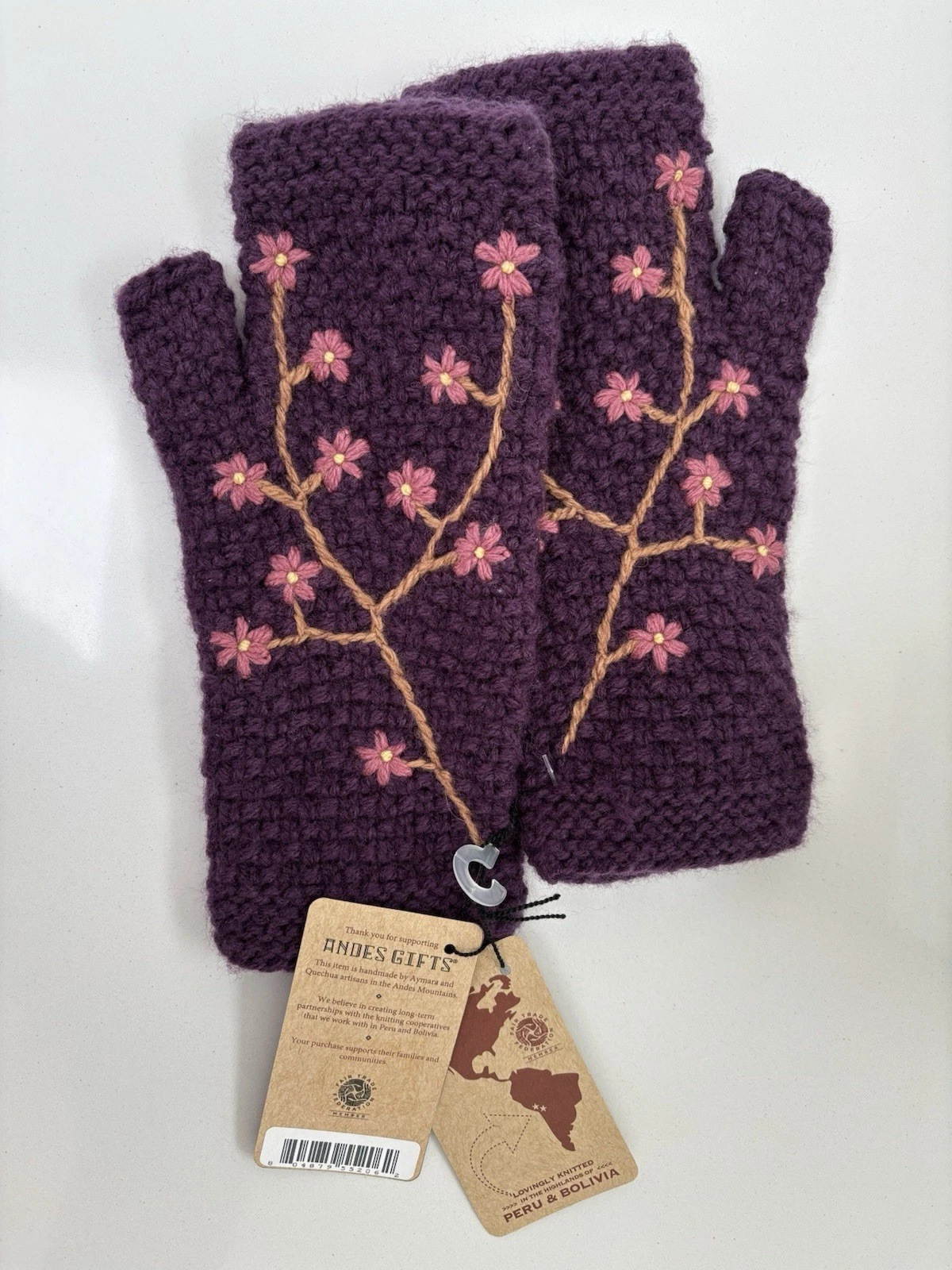 Andes Gifts Hand Knit Fingerless Gloves – Purple Floral Embroidered – New